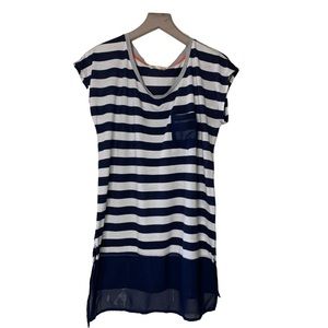 Rewind blue crewneck/short sleeve/pinstripe 1 pocket/lace at bottom shirt